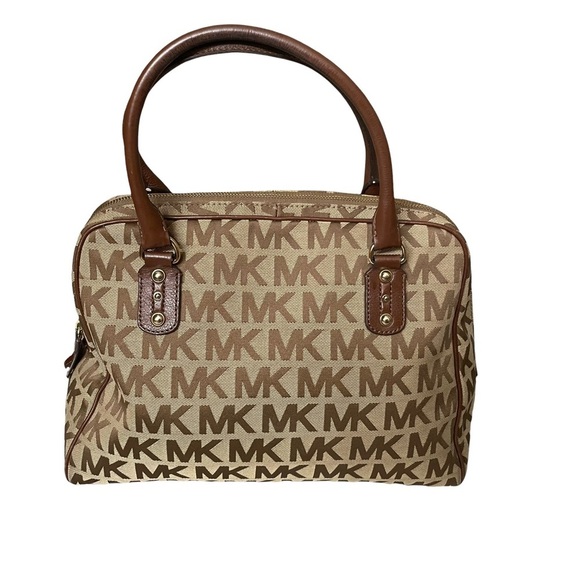 Michael Kors MK Signature Large Satchel Brown & Tan Jacquard Bag - Picture 3 of 15